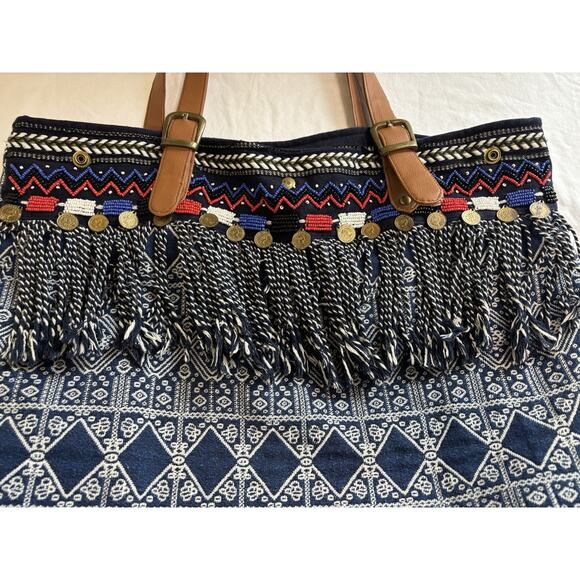 Twig & Arrow BOHO Woven Beach Weekend Tote Bag Fringe Beaded Red White & Blue - Picture 4 of 11
